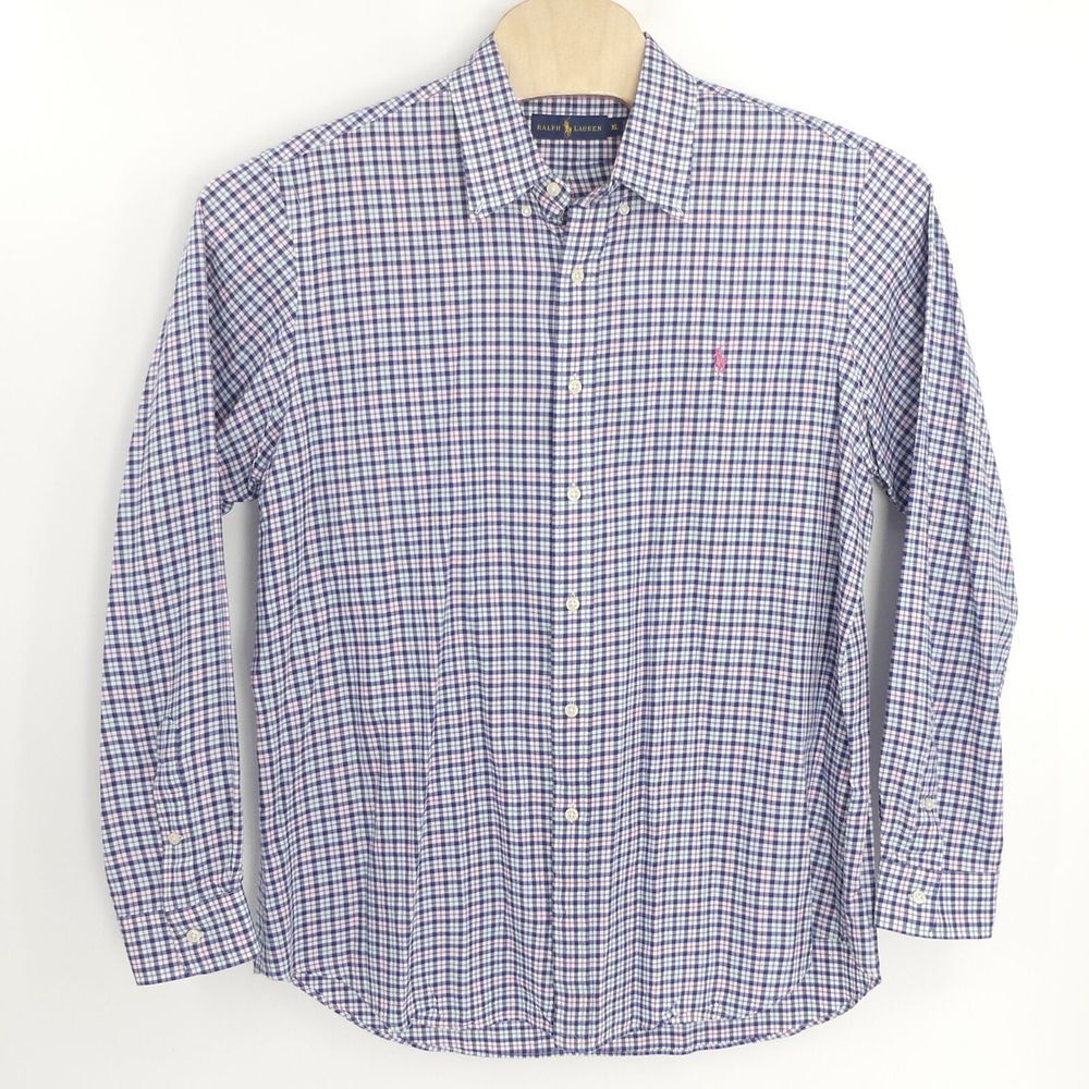 Ralph Lauren Long Sleeve Button Down Shirt Blue Pink Check Men's‎ XL